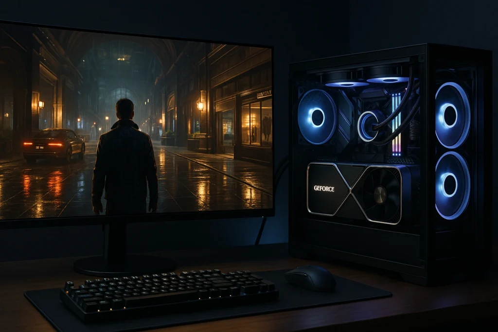 A 4K monitor displaying a highly detailed game scene running smoothly on a high-end RTX 4090.