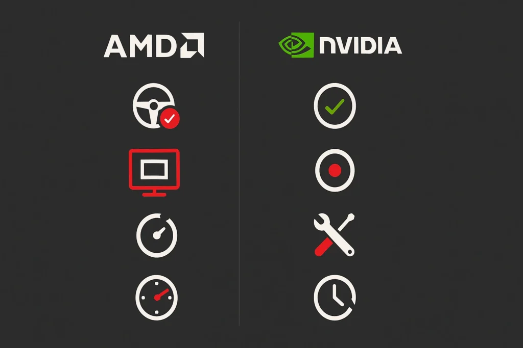 A comparison chart of AMD vs. NVIDIA driver stability and Radeon Software features.