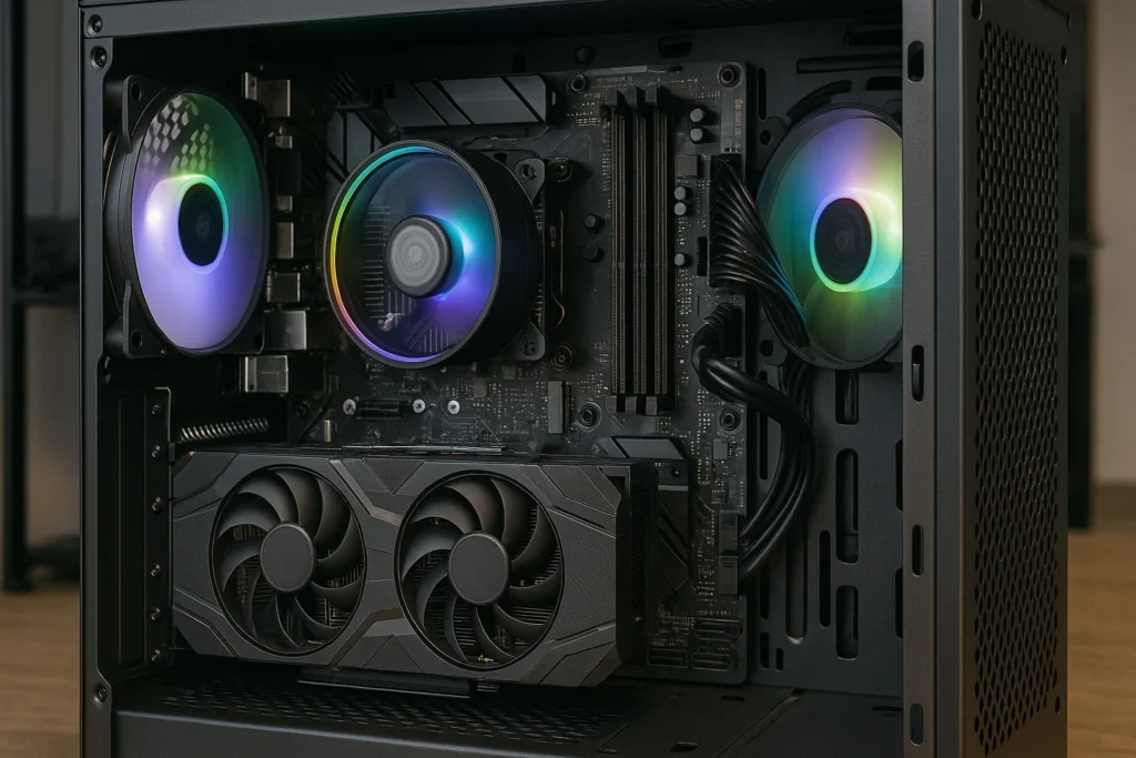 A custom PC build with a mid-range GPU installed in a mid-tower case
