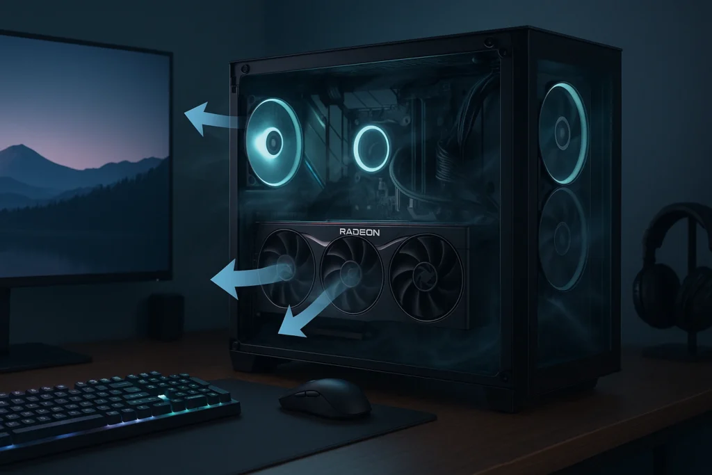 A modern PC setup with an AMD Radeon GPU installed, illustrating the efficient TDP cooling.