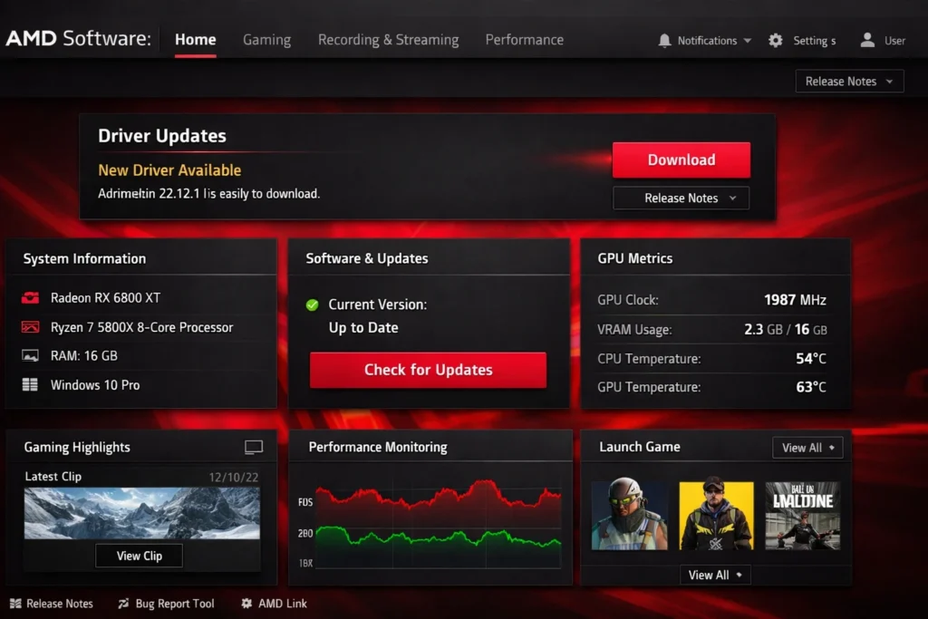 AMD Adrenalin software update check interface