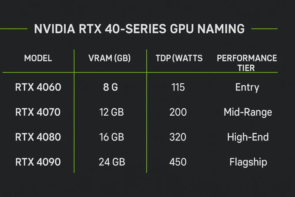 Chart explaining Nvidias naming convention for RTX 40-series cards by VRAM and TDP specs.