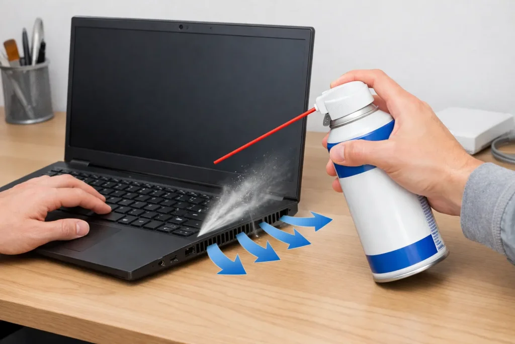 Cleaning laptop dust with compressed air to prevent overheating