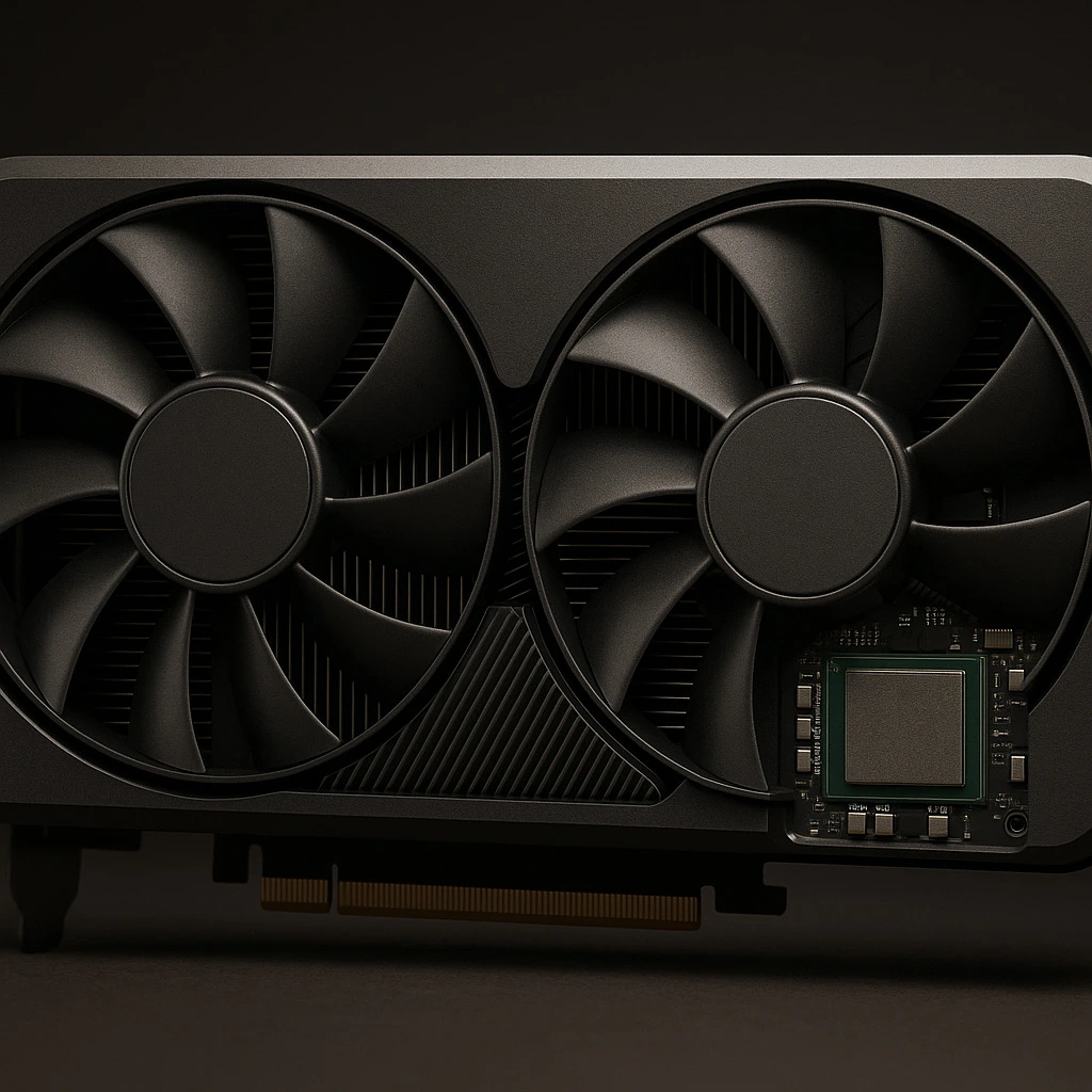 Close-up image of a GPU highlighting VRAM and cooling fans