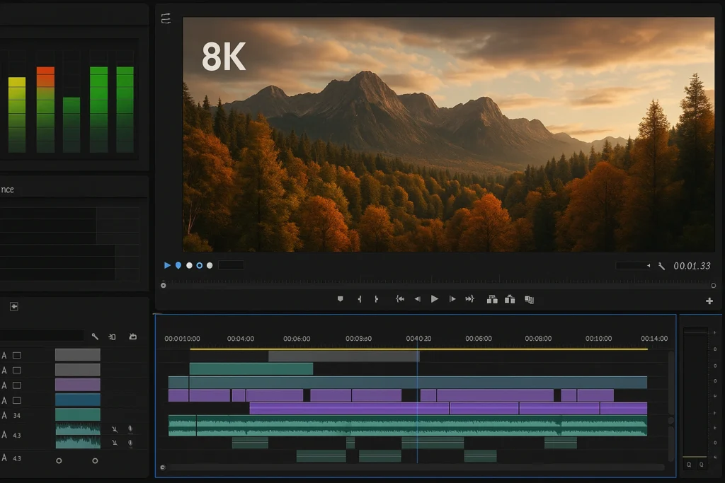 Close-up of 8K video footage being edited on a timeline showing VRAM requirements.