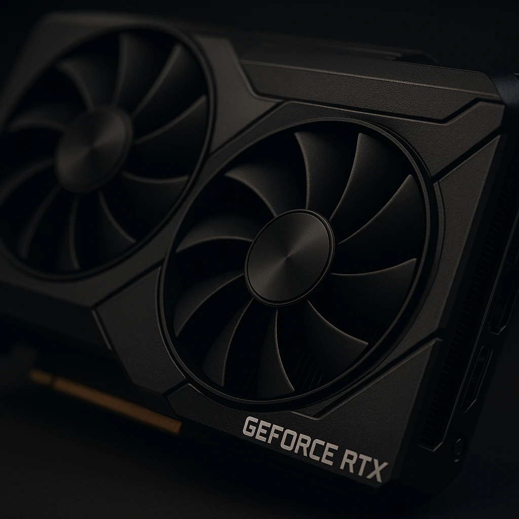 Close-up of a modern GeForce RTX graphics cards cooling fan and shroud design.