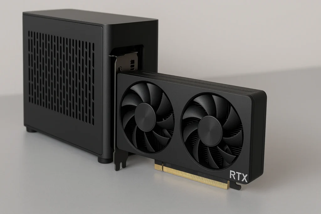 Compact two-slot design of the entry-level RTX 5060 for smaller PC builds.
