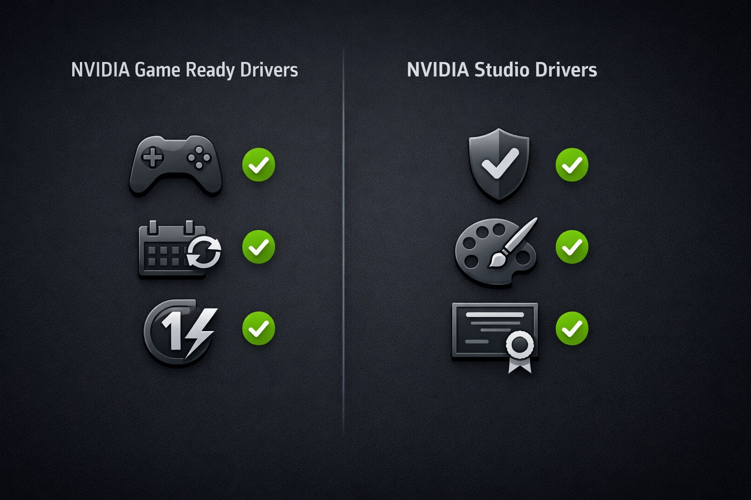 Comparison chart of NVIDIA Game Ready vs Studio drivers