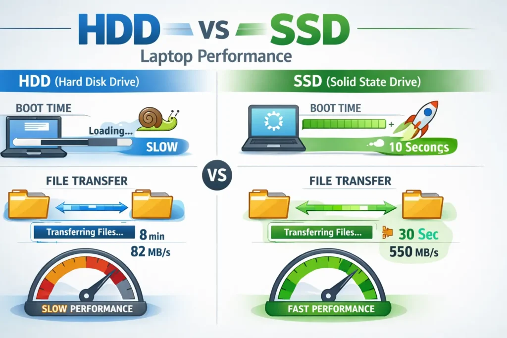 Comparison of HDD vs SSD speed for laptop performance