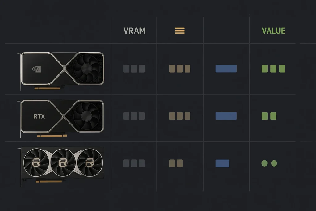 Comparison table showing the specs and value score of top professional workstation cards.