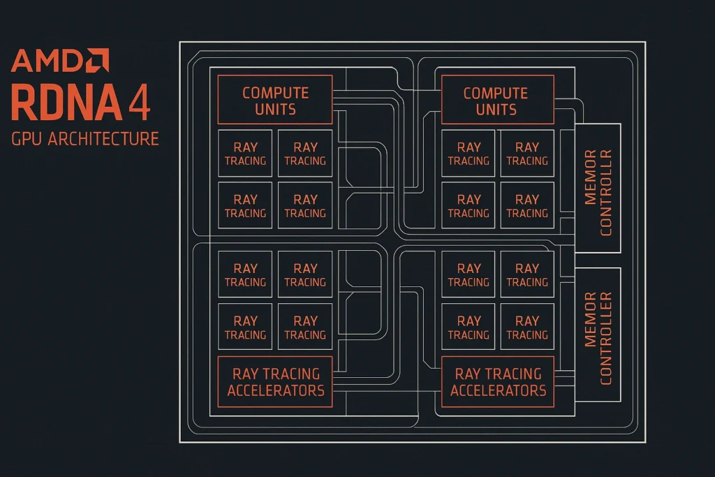 Detailed schematic of the RDNA 4 architecture showing the chiplet design and compute units.