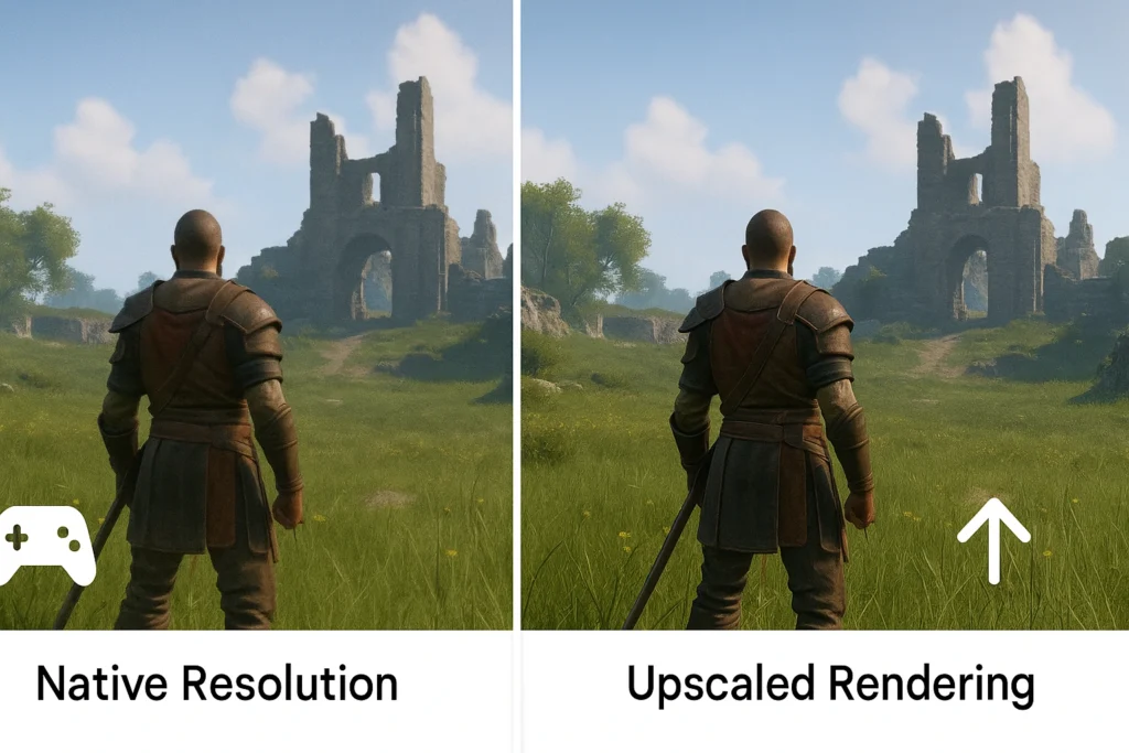 Diagram illustrating the difference between native resolution and DLSS-FSR upscaling in entry-level gaming