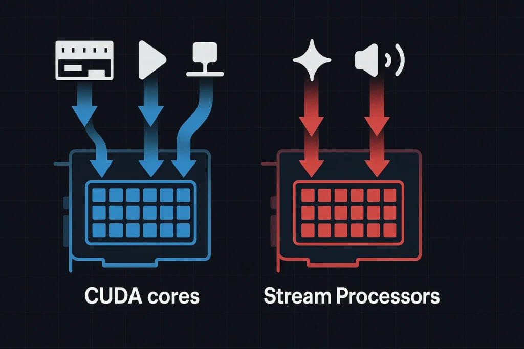 Diagram showing the difference between NVIDIA CUDA cores and AMD Stream Processors for video editing workflow