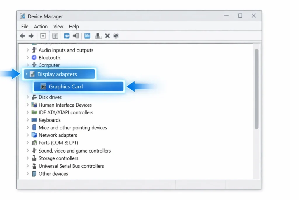 Diagram showing the location of display adapters in Windows Device Manager