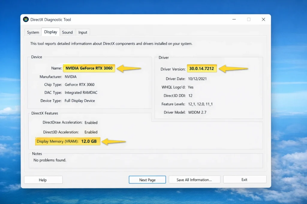 DirectX Diagnostic Tool showing GPU model and driver version