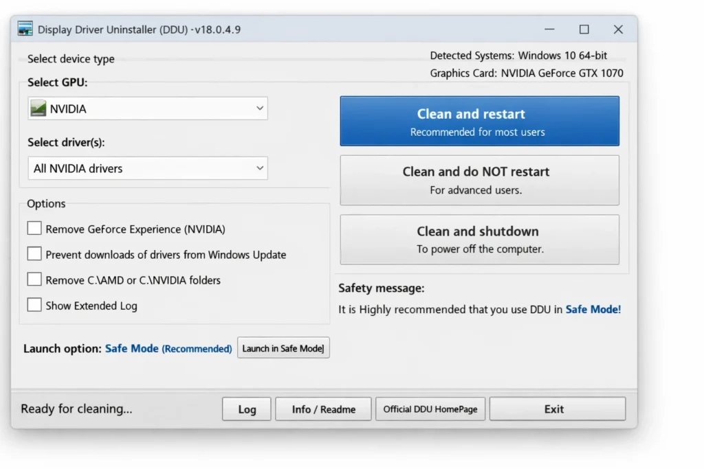 Display Driver Uninstaller utility interface for clean install