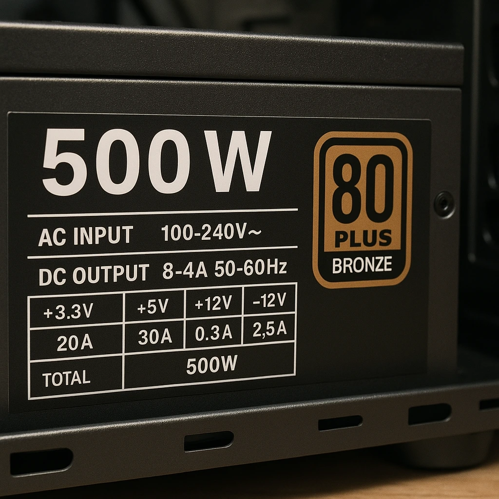 Example of an 80 Bronze rated PSU requirements sticker for a cheap GPUs build.