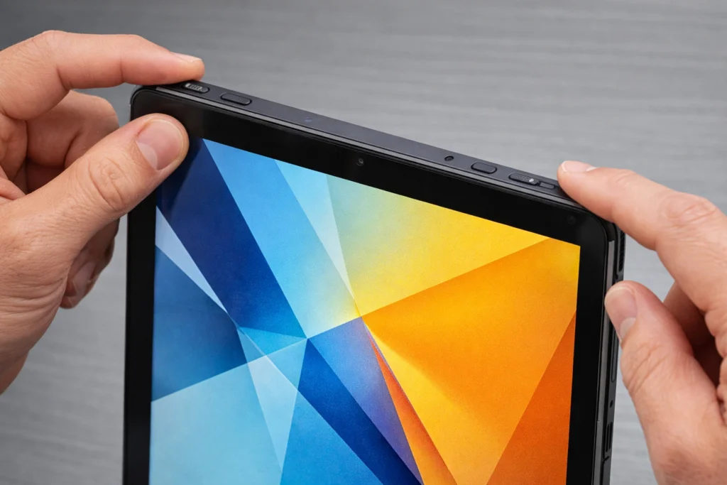 HP Spectre x360 in tablet mode using volume buttons for screenshot.