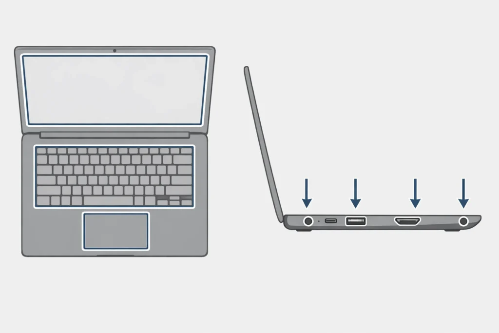 Laptop hardware diagram for beginners showing ports and keyboard.