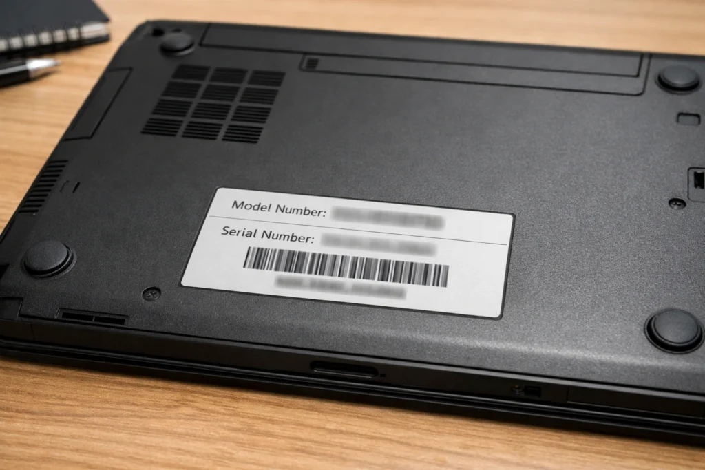 Laptop manufacturer sticker showing model and serial number