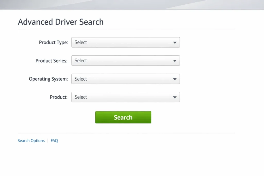 Manual driver search selection on NVIDIA official website.