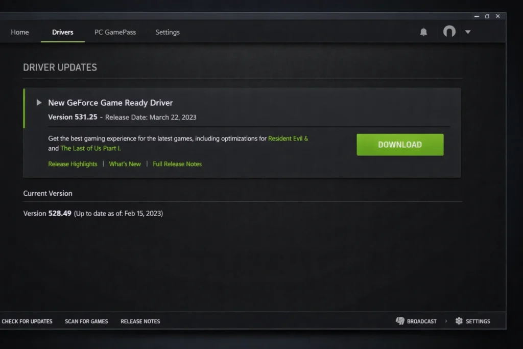 NVIDIA GeForce Experience driver download screen