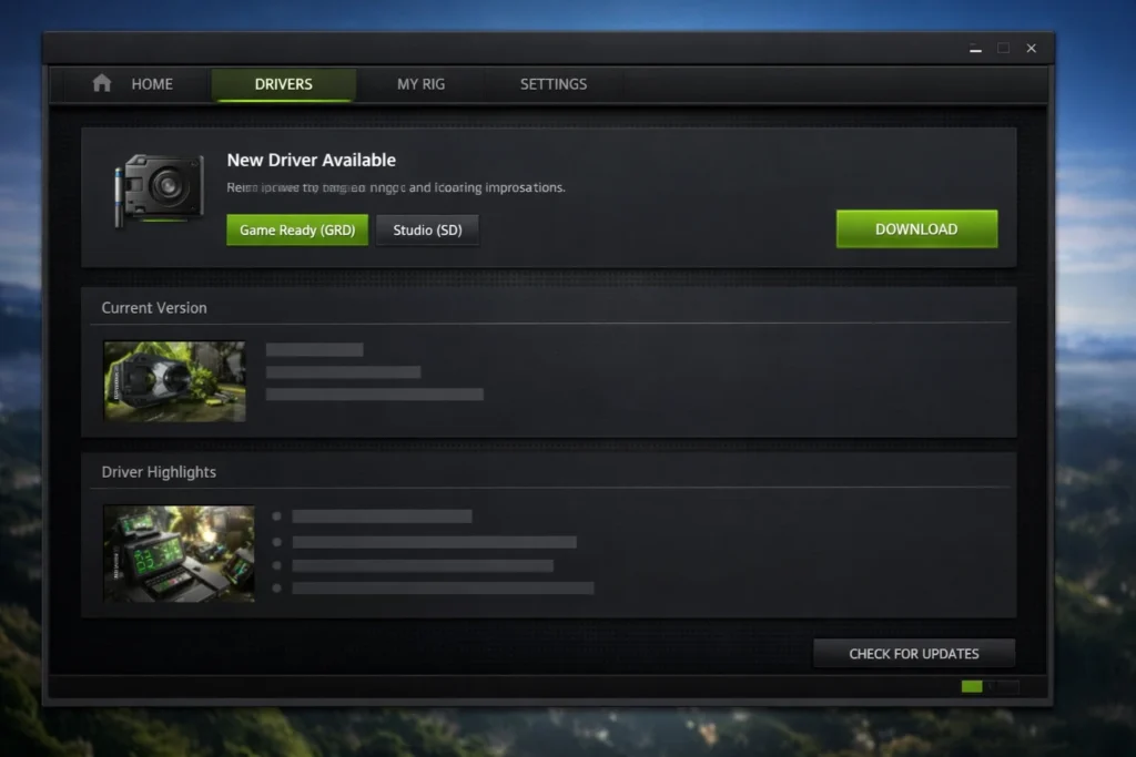 NVIDIA GeForce Experience interface showing available updates.