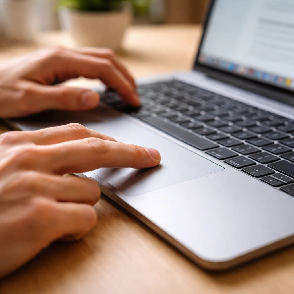 Person using touchpad gestures on a modern laptop.