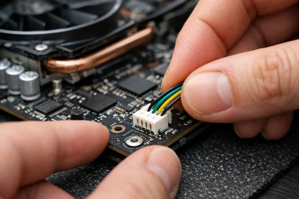 Replacing a 4-pin PWM fan header on a graphics card.