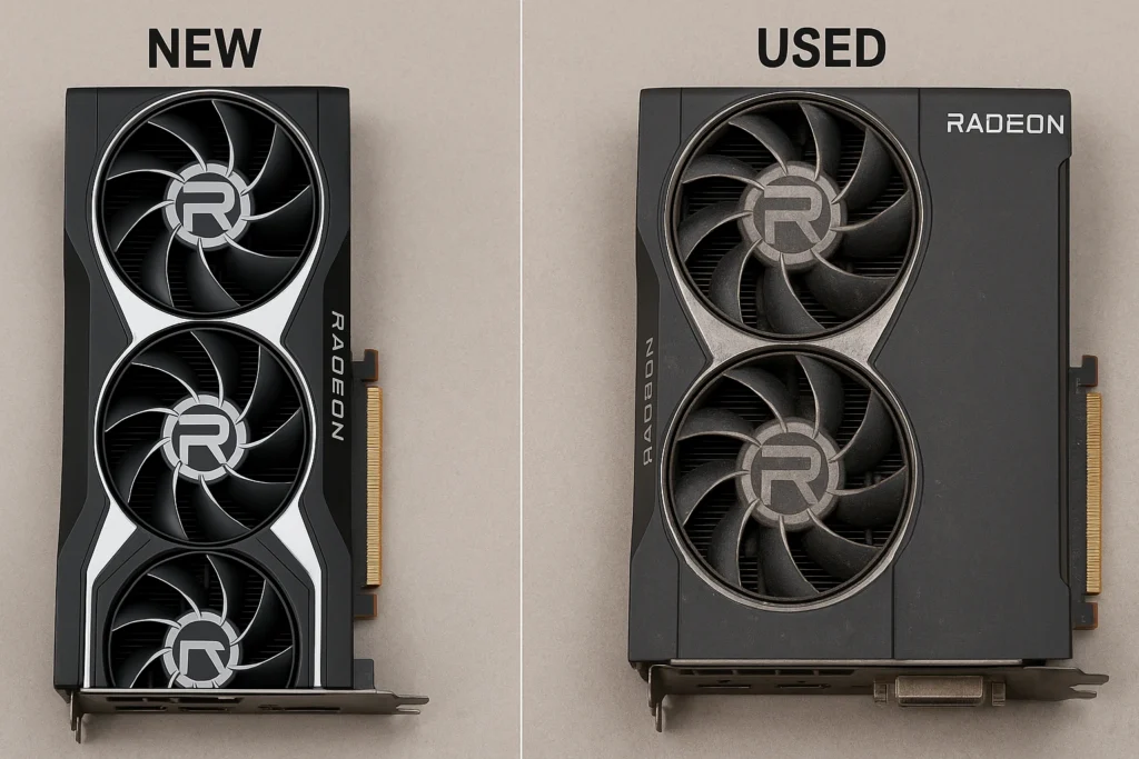 Side-by-side photo comparison of a new vs. used Radeon RX graphics card.