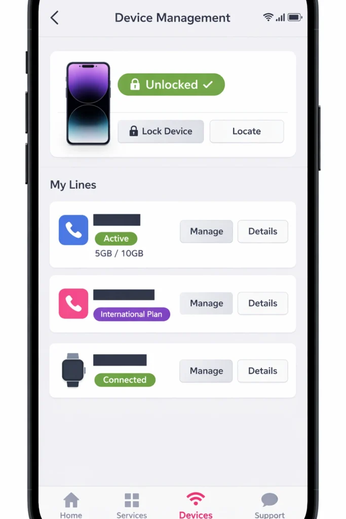 T-Life app device management screen