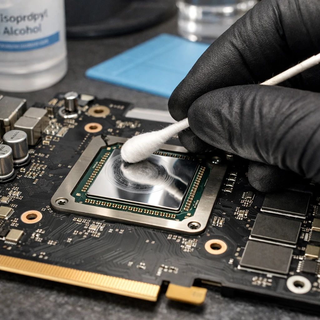 Technician cleaning GPU die with isopropyl alcohol and cotton swab