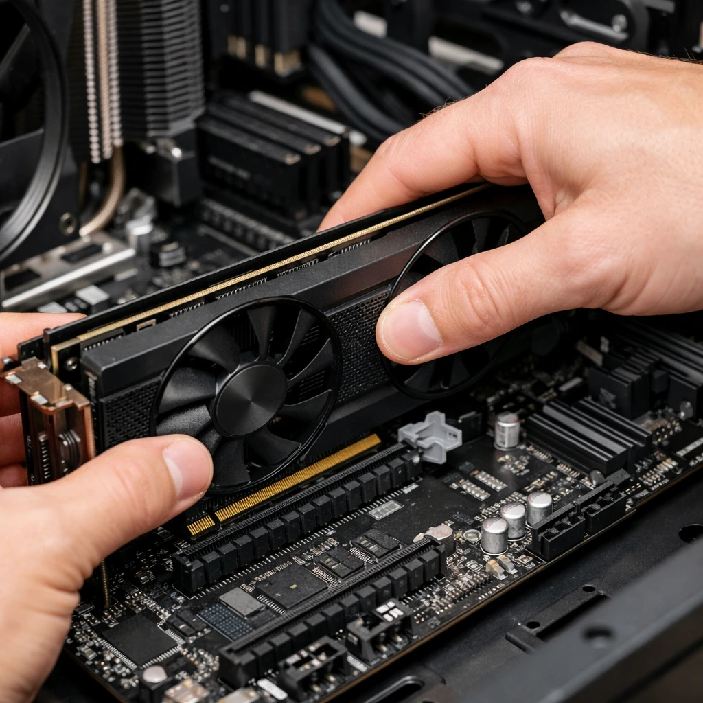 Technician installing a dedicated graphics card into a PCIe x16 motherboard slot