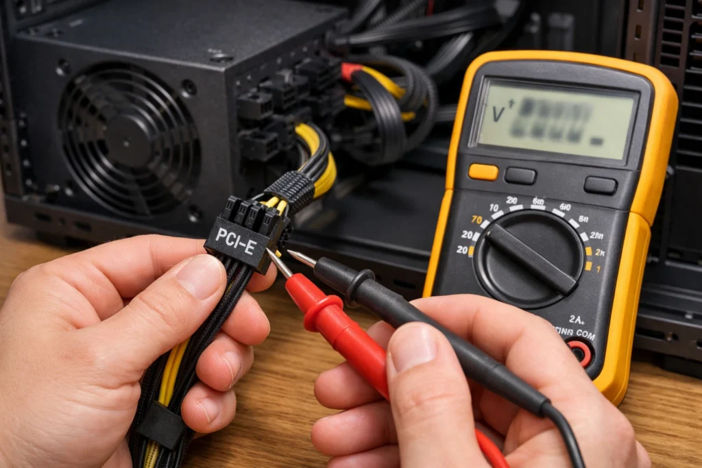Using a multimeter to check PCIe power cable voltage.