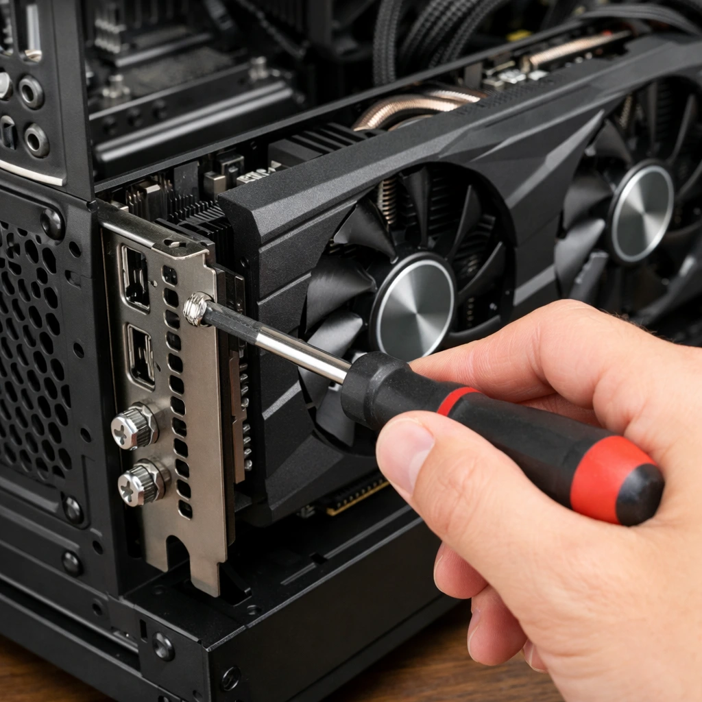 Using a screwdriver to secure a graphics card to a PC case