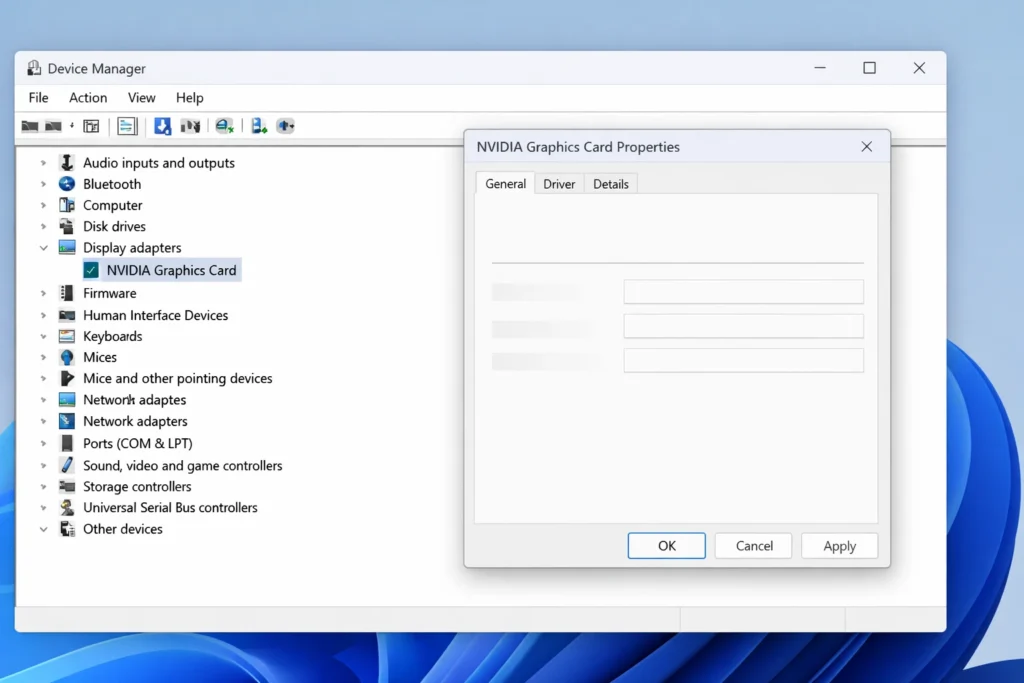 Windows Device Manager showing GPU display adapter properties.