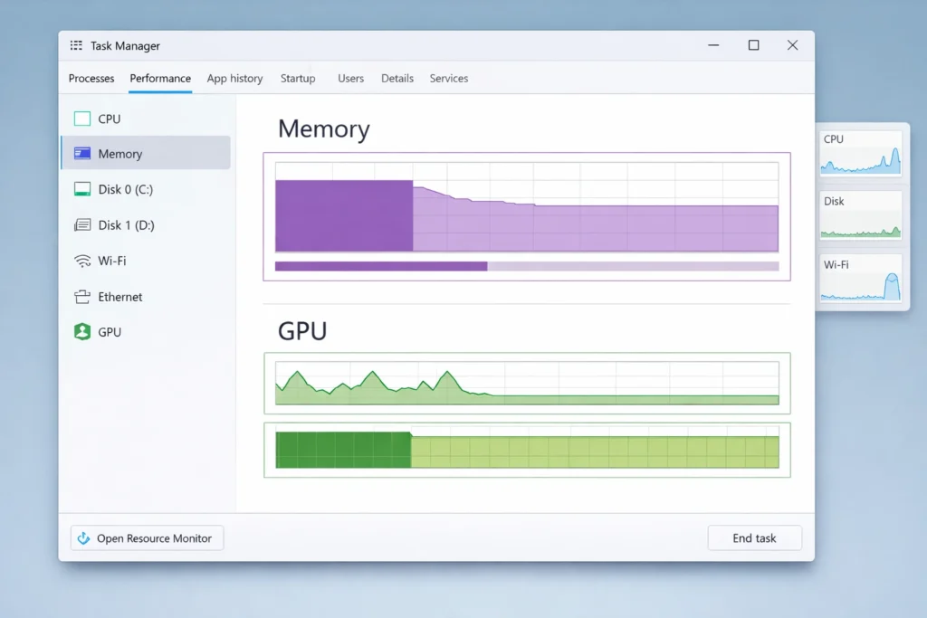 Windows Task Manager Performance tab highlighting GPU and Memory usage