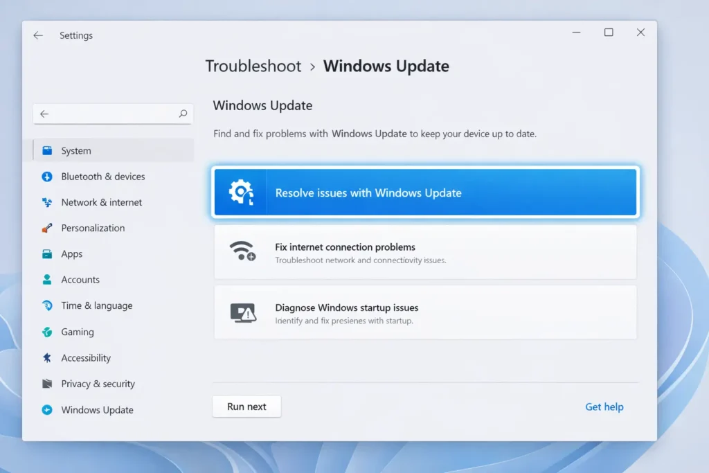 Windows Update Troubleshooter menu in Windows 11