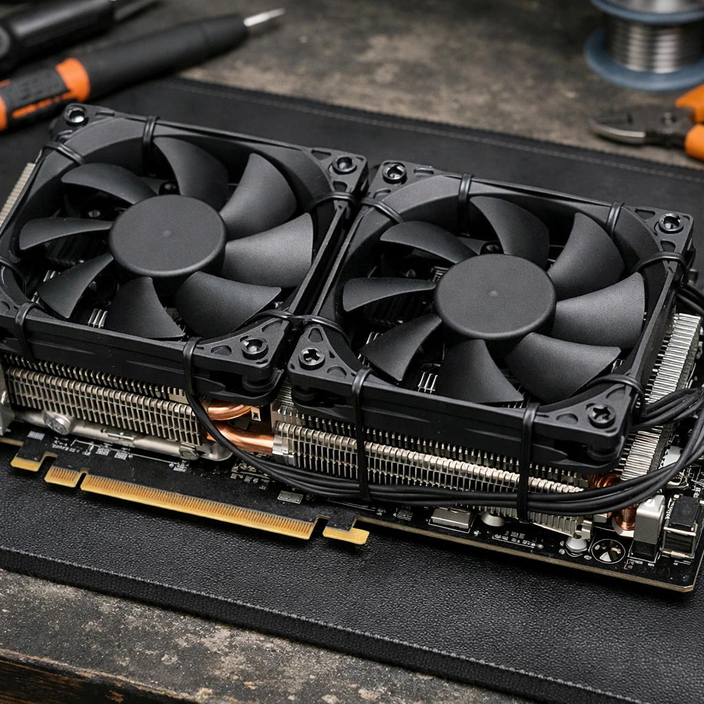 Zip tying 120mm fans to a GPU heatsink Deshroud Mod.