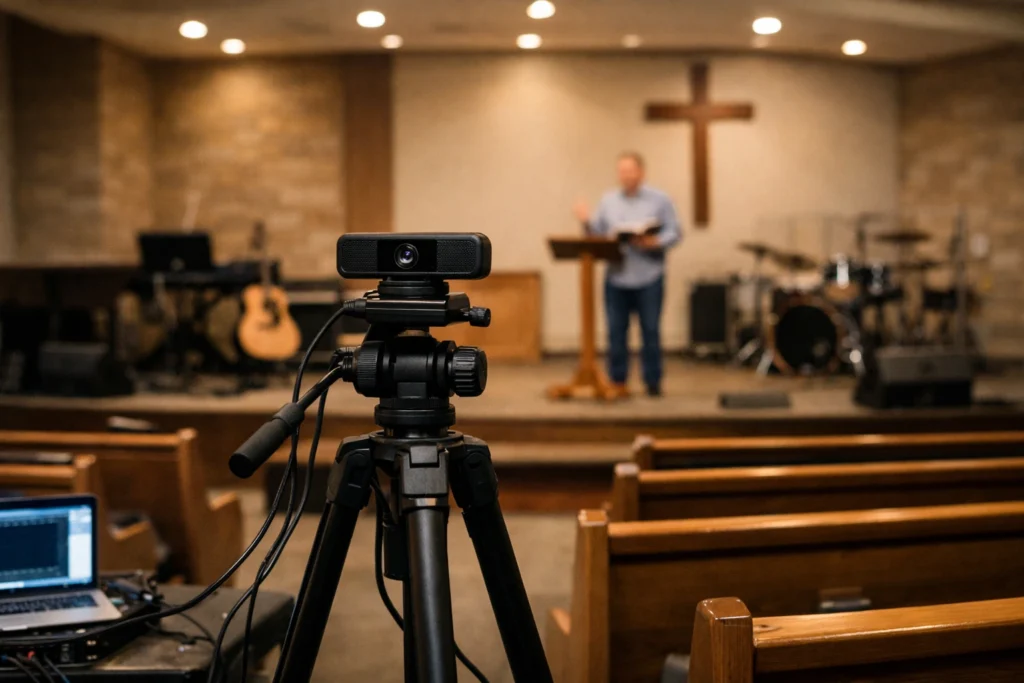 Best budget webcam for church streaming mounted on a tripod in a sanctuary