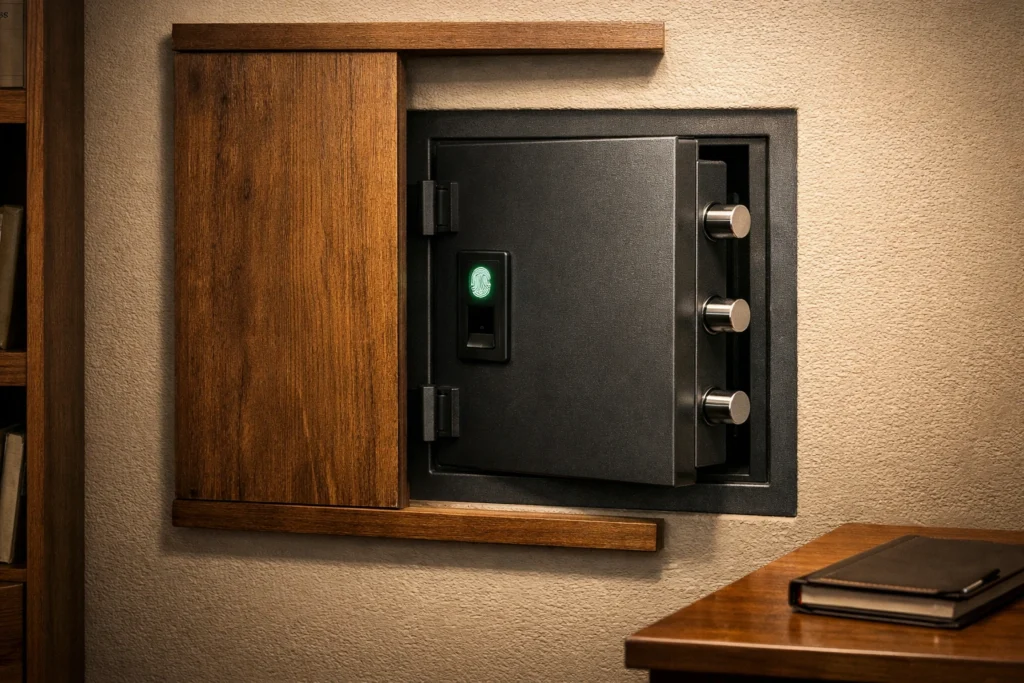 Biometric hidden smart safe installed in a home office wall.