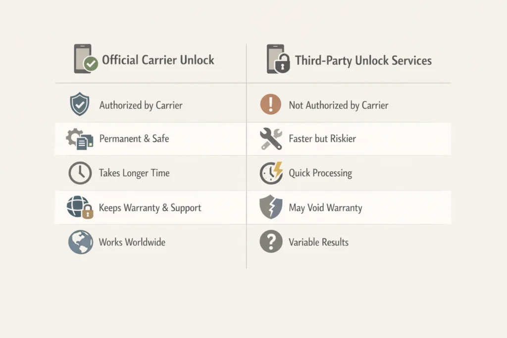 Comparison chart of official vs third-party Boost Mobile unlock services