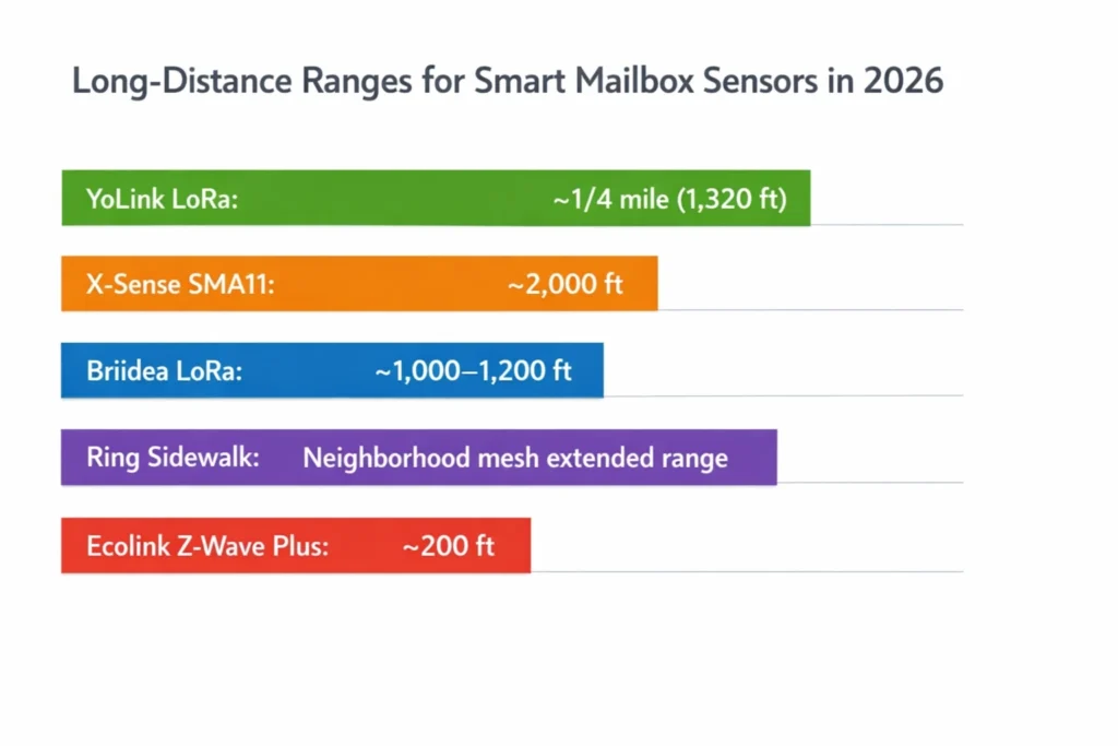 Comparison chart of smart mailbox sensor ranges in 2026.