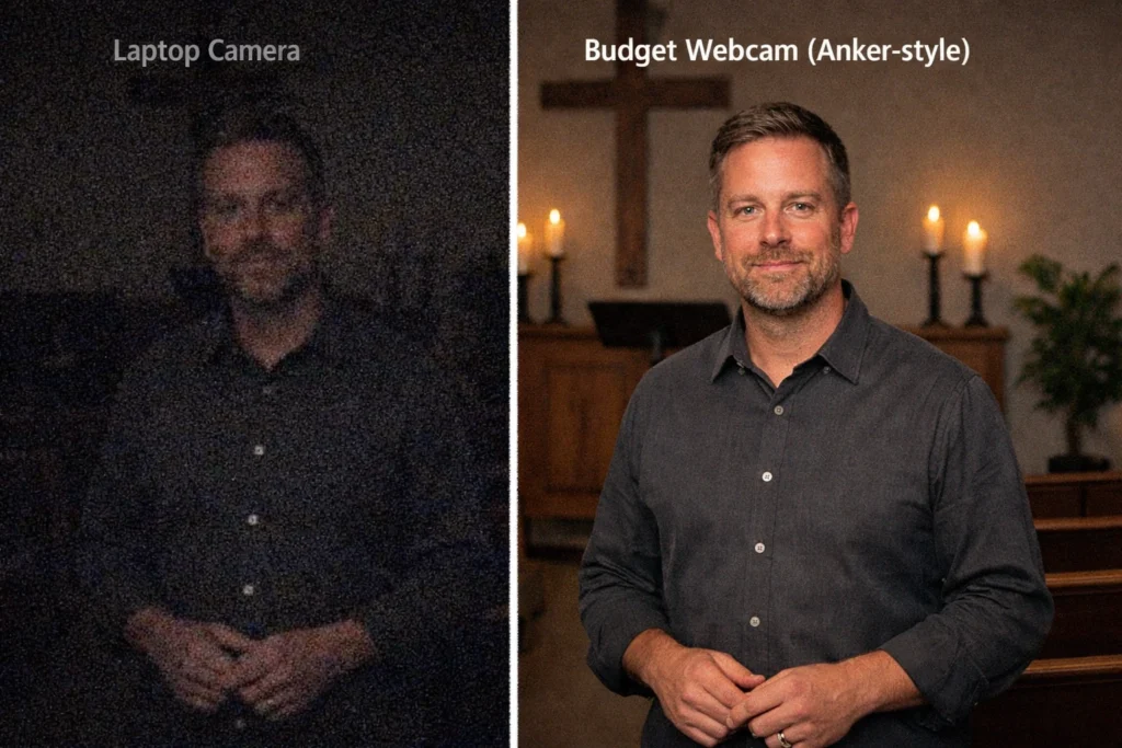 Comparison of low light performance between a standard laptop camera and the Anker PowerConf C200 for church services