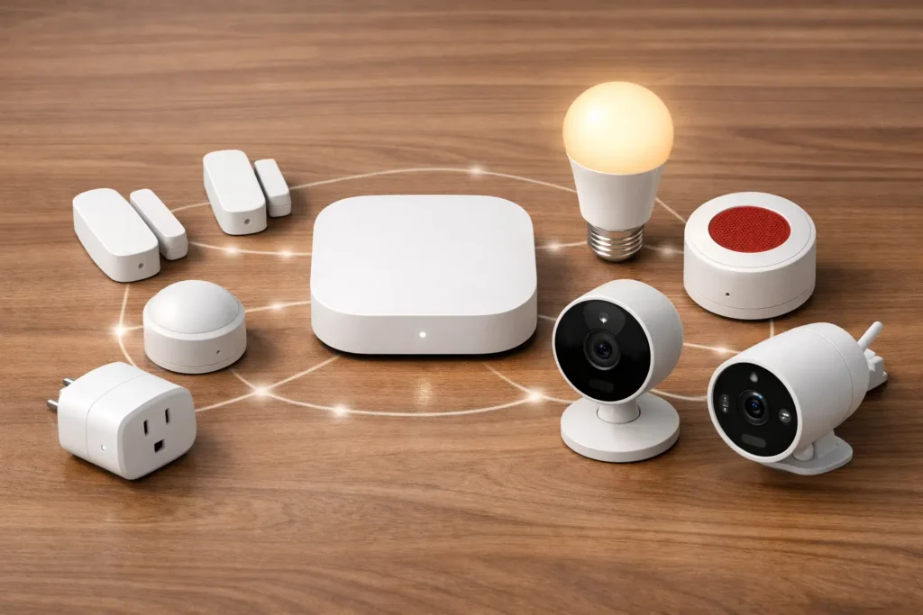 Complete smart home ecosystem with hub, sensors, cameras and automation devices