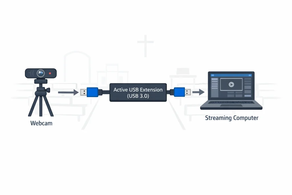 Diagram showing how to connect a church webcam to a computer using an active USB extension cable
