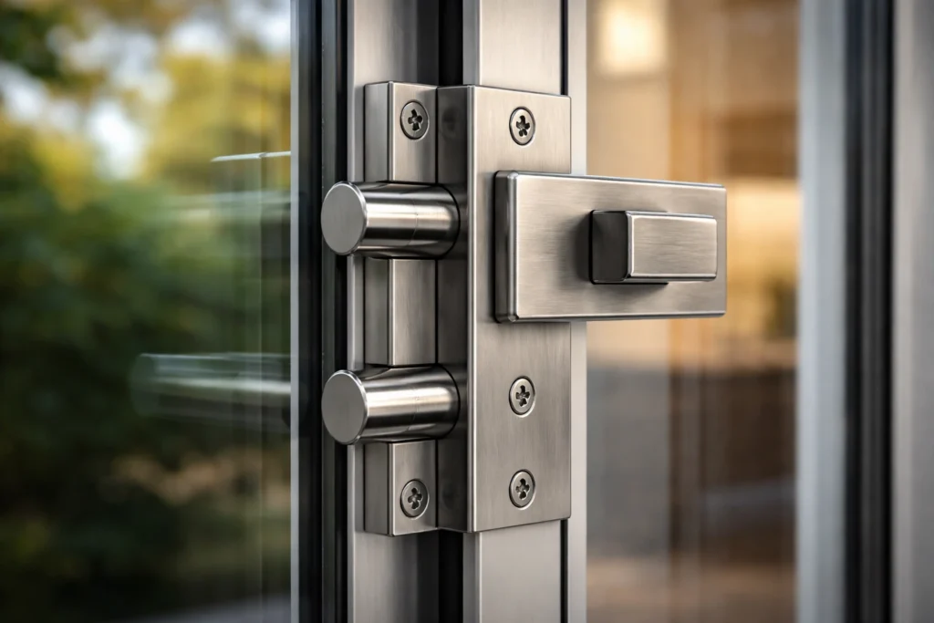 Double bolt lock mechanism securing a sliding patio door to the frame.