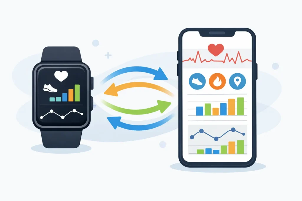 Fitness data syncing between smartwatch and smartphone companion app interface