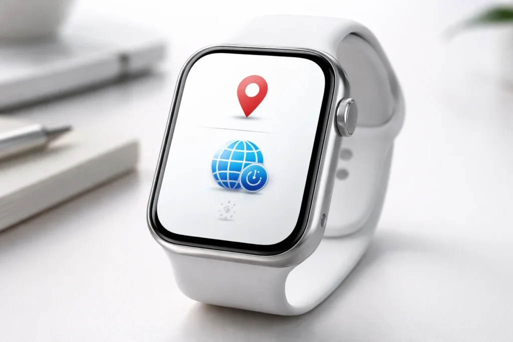 GPS synchronization icon on smartwatch display indicating automatic time zone detection in progress