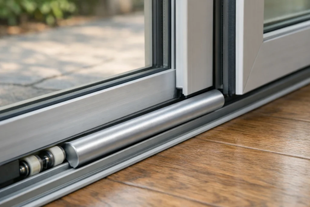 Heavy-duty security bar placed in the track of a sliding glass door for home defense.